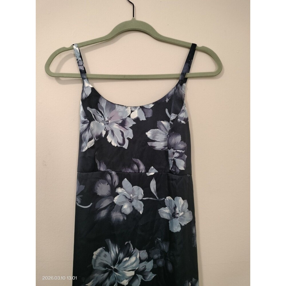 Women's Sz 7 Slip Maxi Dress Black Gray Floral Spaghetti Straps Cottage Core Vtg